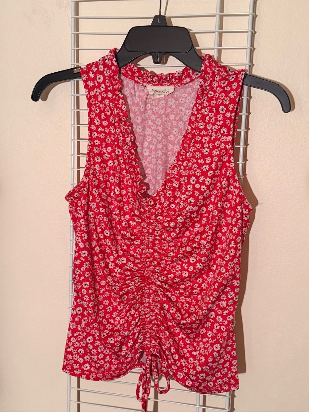 Red Floral Ruched Sleeveless Top